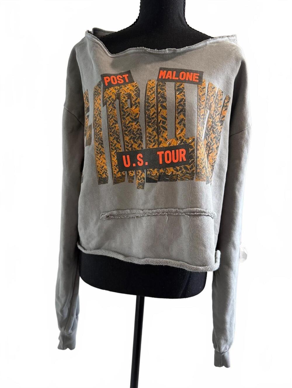 Post Malone F-1 Trillion Tour Hoodie Gray Distressed Hood Removed Off Shoulder